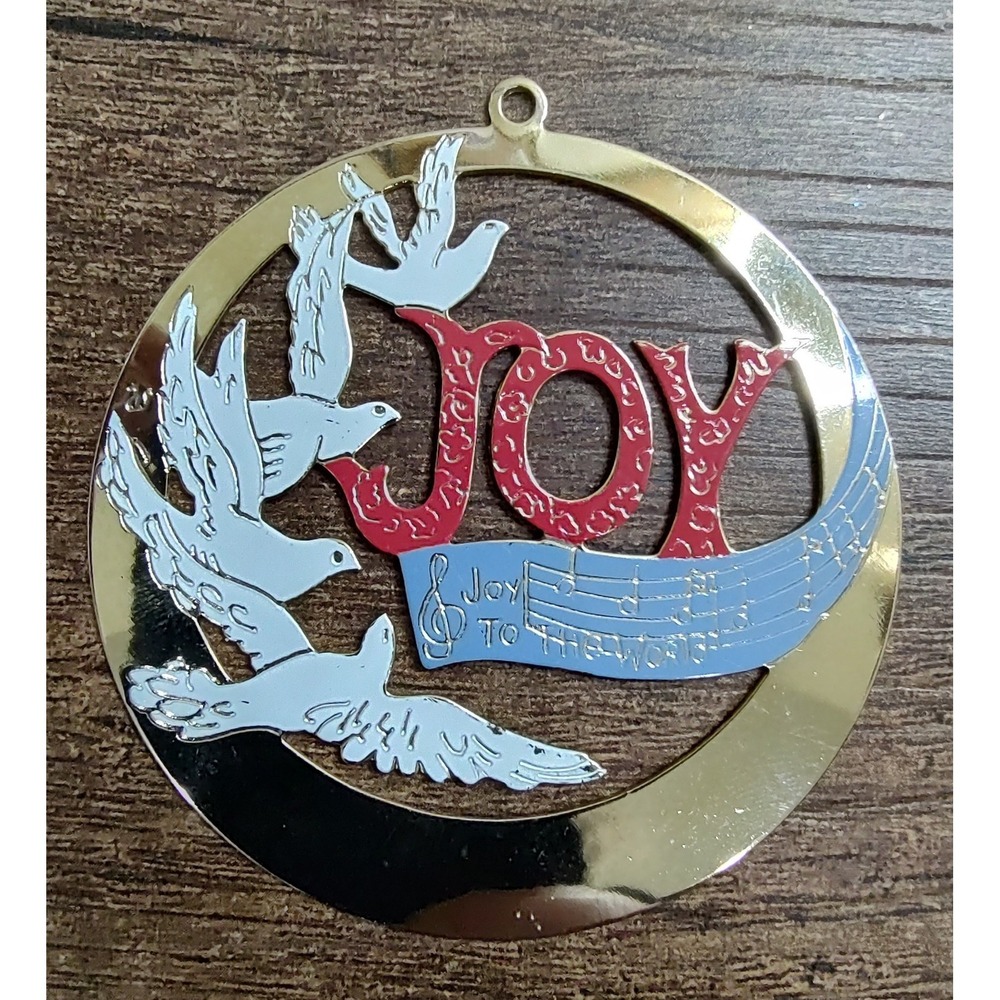 VTG 1980 JOY to the World Christmas X-mas Ornament Flat Metal Lillian Vernon
